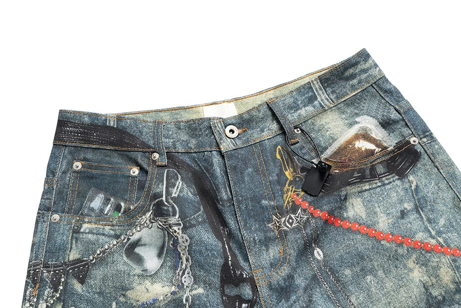 Hanging Keychain Graphic Denim Shorts , - Streetwear Shorts - Slick Street