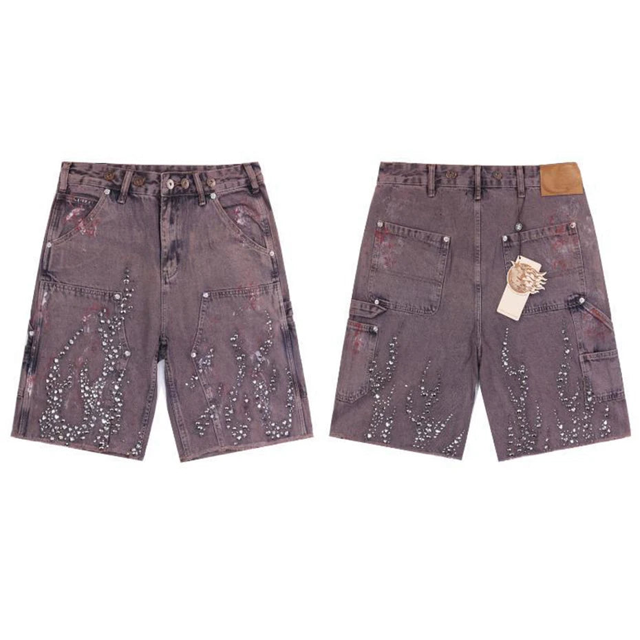 Fire Diamond Denim Rhinestone Shorts , - Streetwear Shorts - Slick Street