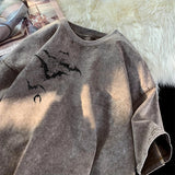 Flying Bat Graphic Gothic Washed Corduroy T-Shirt Khaki, XS - Streetwear T-Shirt - Slick Street