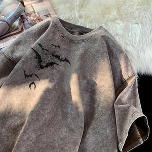 Flying Bat Graphic Gothic Washed Corduroy T-Shirt Khaki, XS - Streetwear T-Shirt - Slick Street