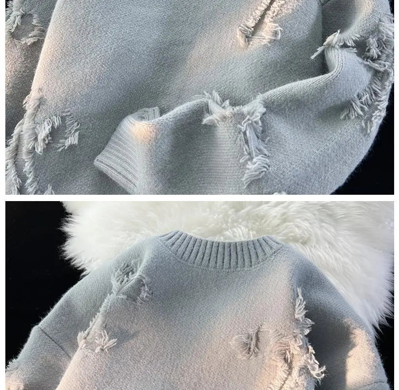 Ripped Y2K Two Shaded Cross Fringed Sweater ,  - Streetwear Sweater - Slick Street