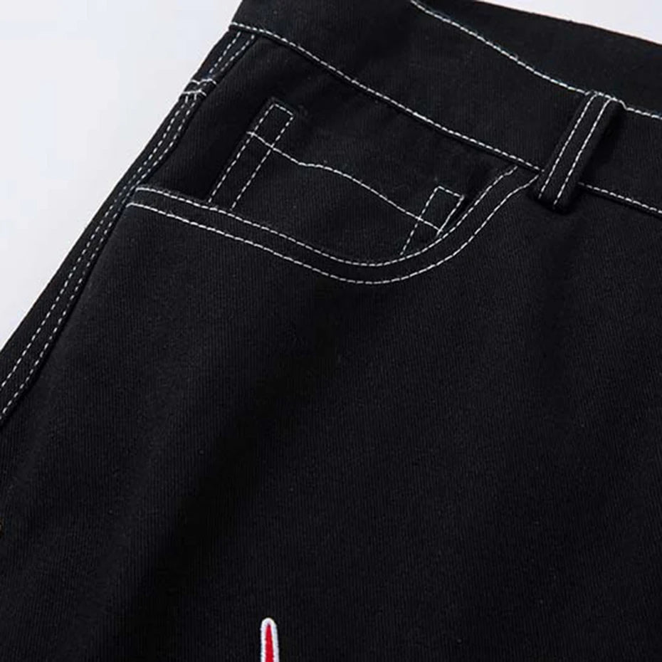 Flame Embroidery Straight Leg Pants , - Streetwear Pants - Slick Street