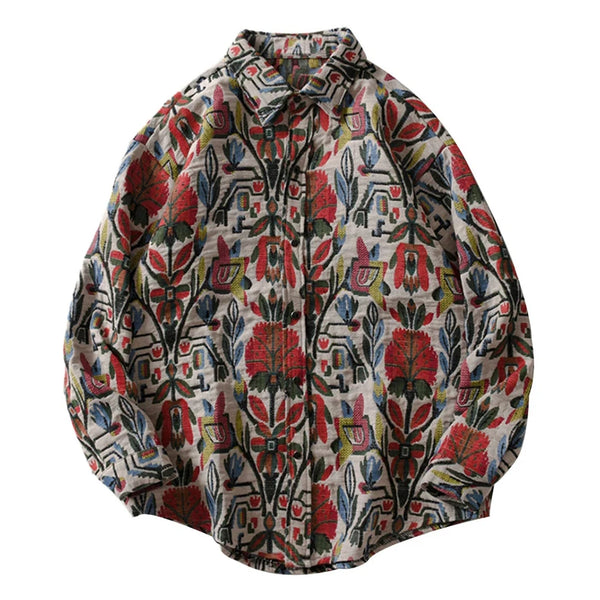 Aztec Floral Art Button-Up Shirt White, M - Streetwear Shirt - Slick Street