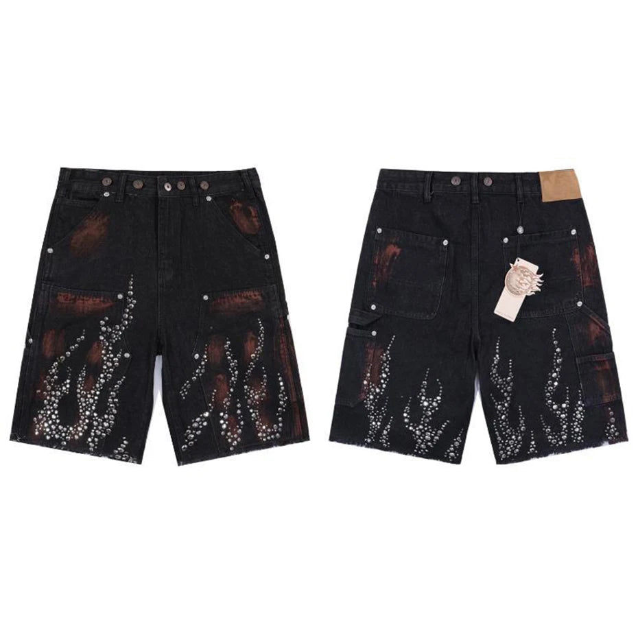 Fire Diamond Denim Rhinestone Shorts , - Streetwear Shorts - Slick Street