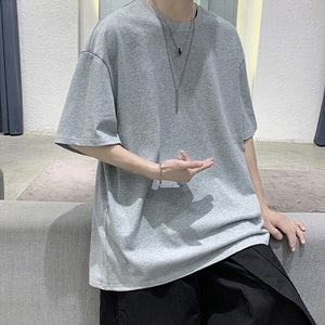 Loose Round Neck Plain T-Shirt Gray, S - Streetwear T-Shirts - Slick Street