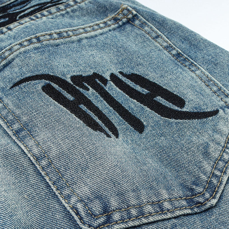 HTH Flame Embroidery Blue Denim Pants