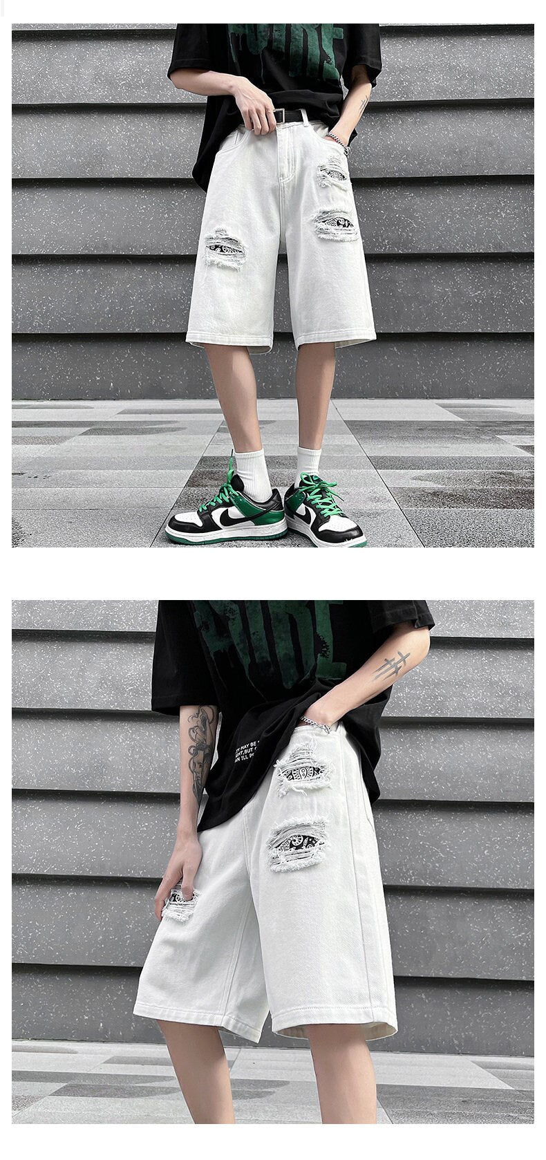 Ripped Hole Patchwork Knee Length Shorts ,  - Streetwear Shorts - Slick Street