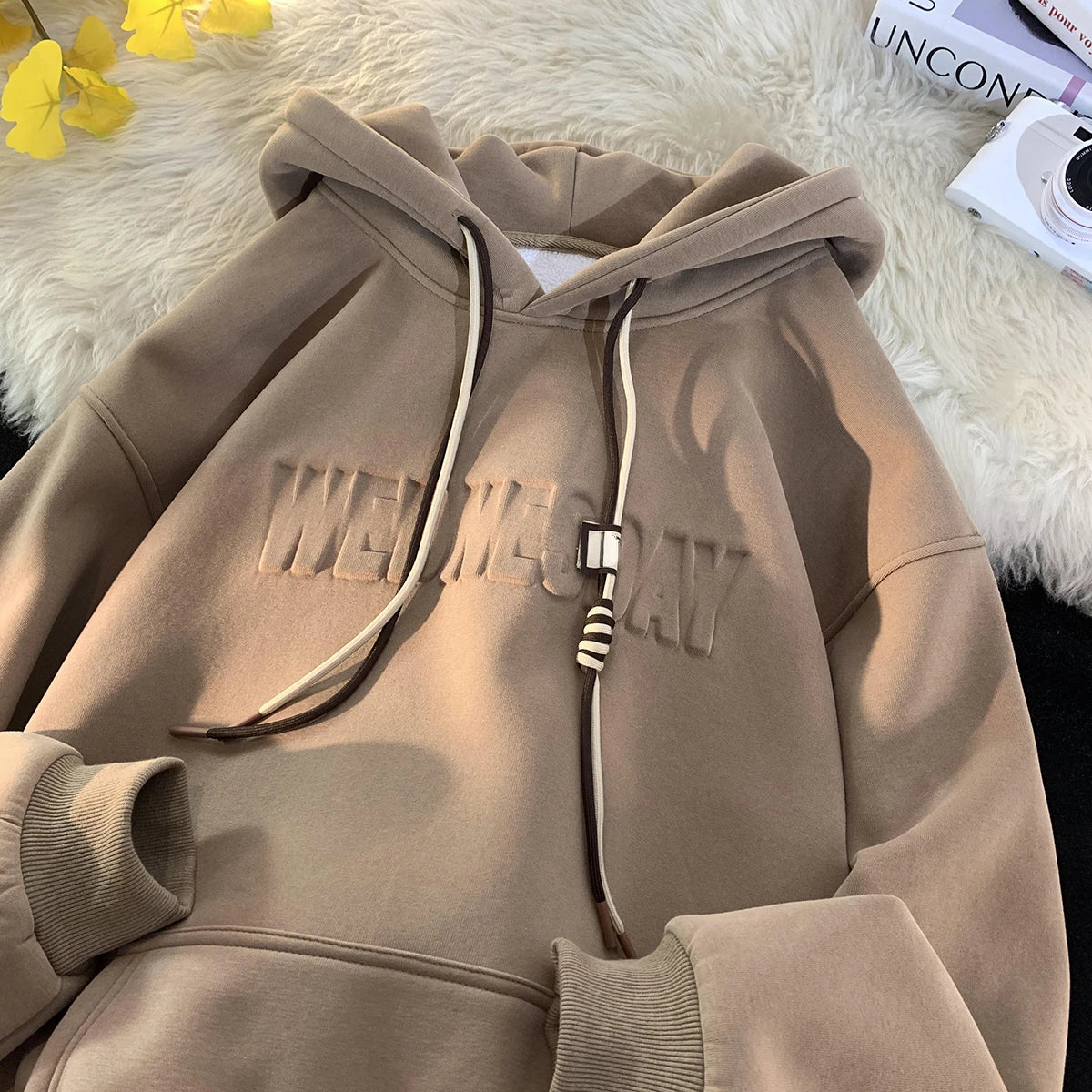 Drawstring Wednesday Embossed Letters Hoodie Brown, XS - Streetwear Hoodie - Slick Street