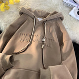 Drawstring Wednesday Embossed Letters Hoodie Brown, XS - Streetwear Hoodie - Slick Street