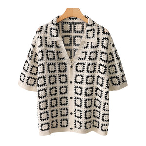 V-Neck Knitted Short Sleeve Shirt Khaki, S - Streetwear Shirt - Slick Street