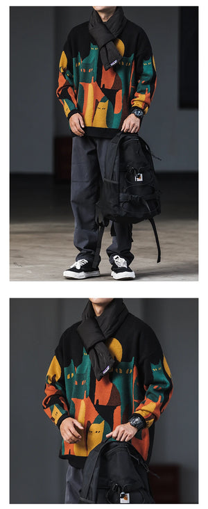 Moonnight Cat Abstract Crew Neck Sweater ,  - Streetwear Sweater - Slick Street