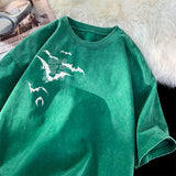 Flying Bat Graphic Gothic Washed Corduroy T-Shirt Green, XS - Streetwear T-Shirt - Slick Street