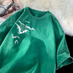 Flying Bat Graphic Gothic Washed Corduroy T-Shirt Green, XS - Streetwear T-Shirt - Slick Street