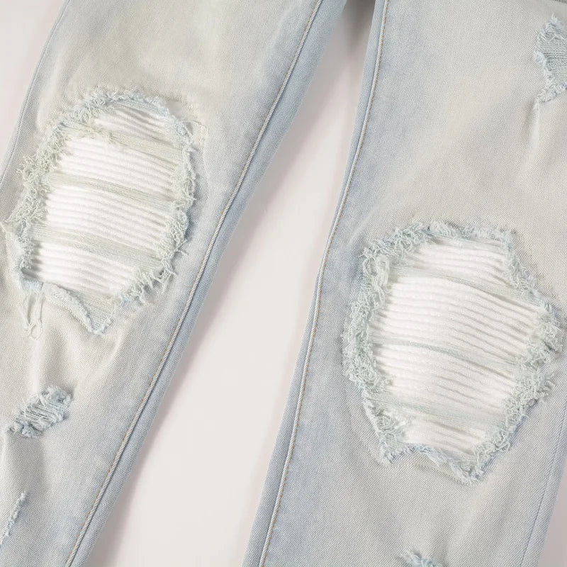 Pale Blue Cracked Pleated Pants , - Streetwear Pants - Slick Street