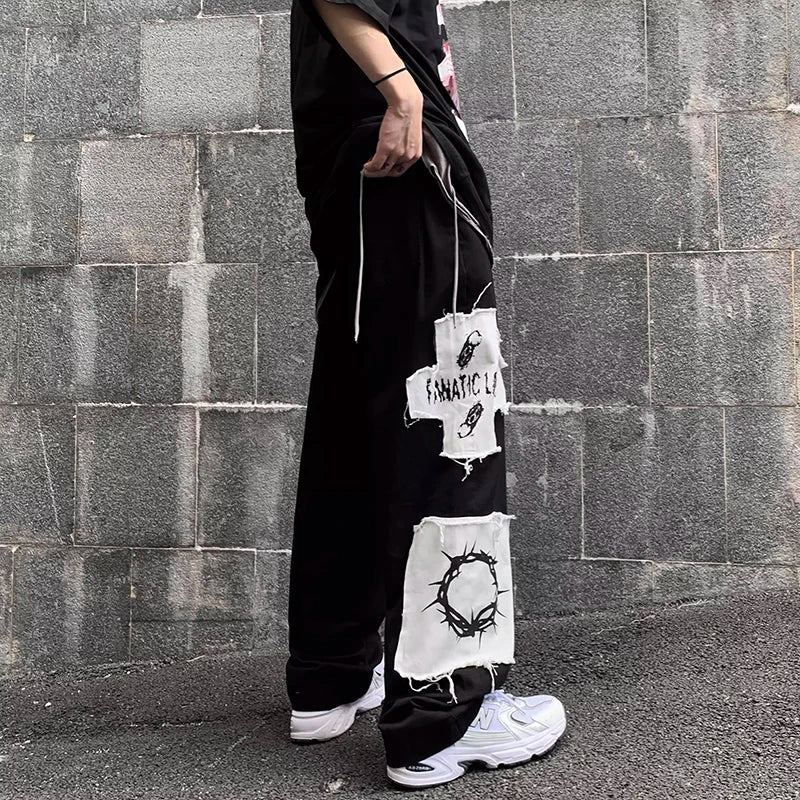 AM Black Hole Patchwork Straight Leg Pants ,  - Streetwear Pants - Slick Street