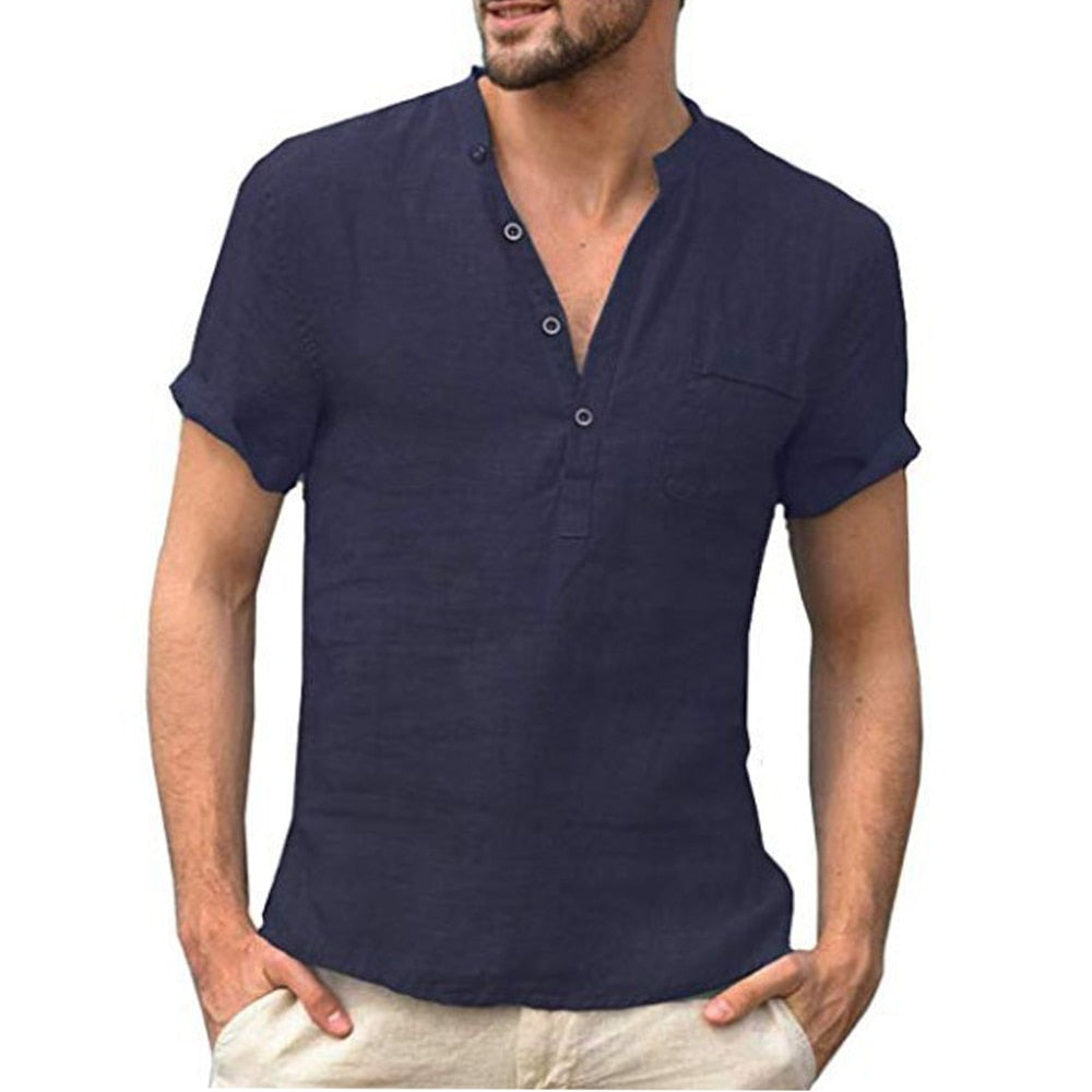 Linen Patch Pocket With Short-Sleeved T-shirt Navy Blue, S 50-60 KG - Streetwear T-Shirt - Slick Street