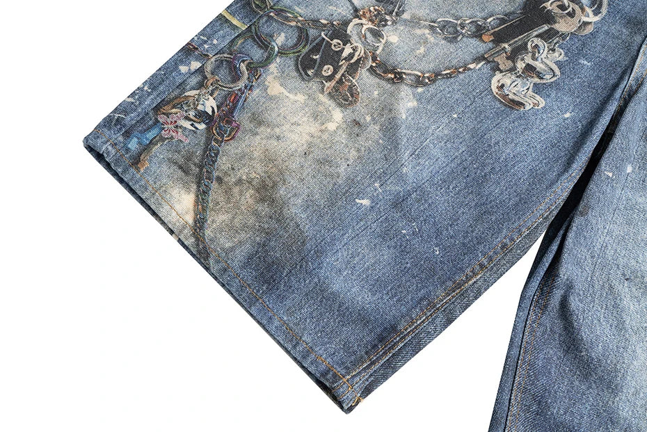 Hanging Keychain Graphic Denim Shorts , - Streetwear Shorts - Slick Street