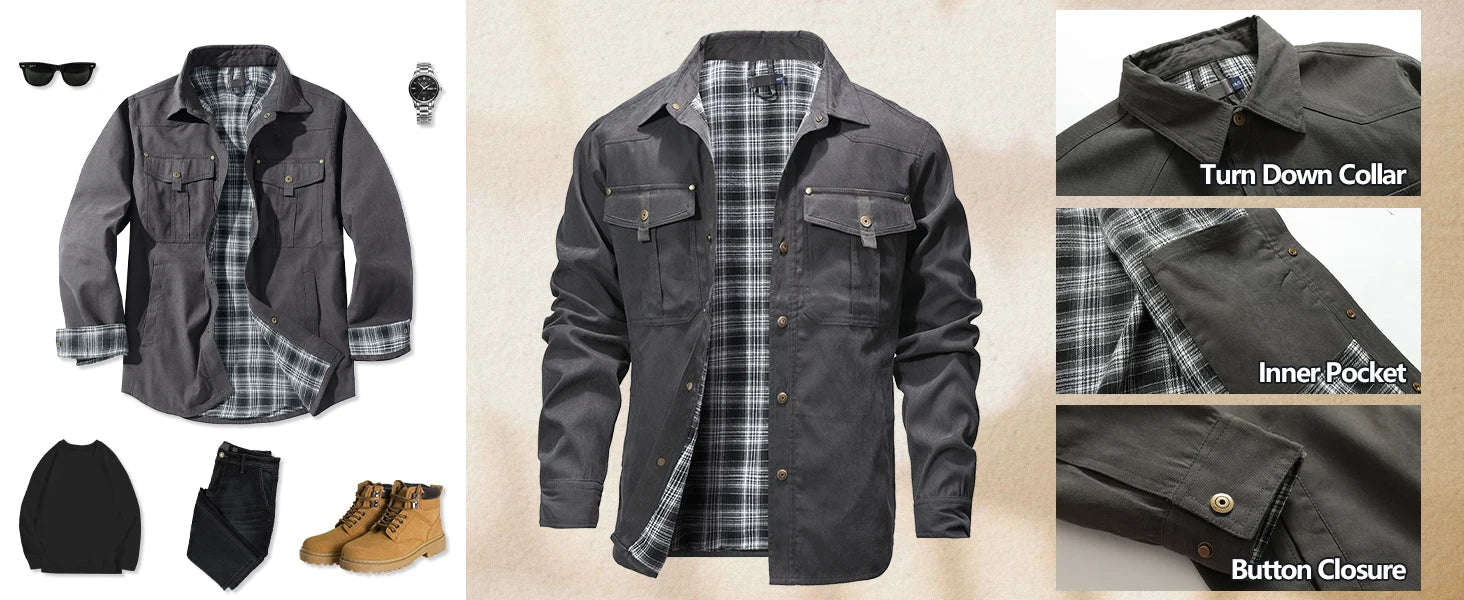 Flannel Lined Plaid Button-Up Jacket , - Streetwear Jacket - Slick Street
