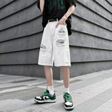 Ripped Hole Patchwork Knee Length Shorts White, XXS - Streetwear Shorts - Slick Street