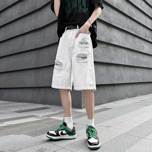 Ripped Hole Patchwork Knee Length Shorts White, XXS - Streetwear Shorts - Slick Street