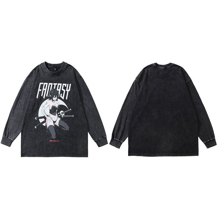 FANTASY Samurai Girl With Katana Graphic T-Shirt Black, M - Streetwear T-Shirt - Slick Street