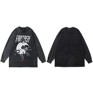 FANTASY Japanese Anime Girl Graphic T-Shirt Black, M - Streetwear T-Shirt - Slick Street
