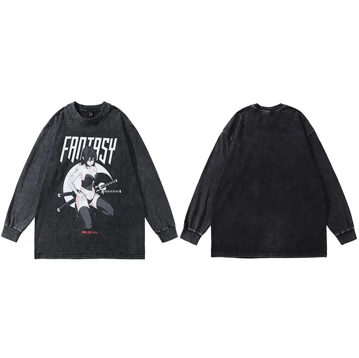 FANTASY Japanese Anime Girl Graphic T-Shirt Black, M - Streetwear T-Shirt - Slick Street