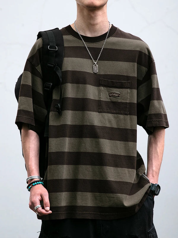 Saturday Striped Cotton T-Shirt , - Streetwear T-Shirt - Slick Street