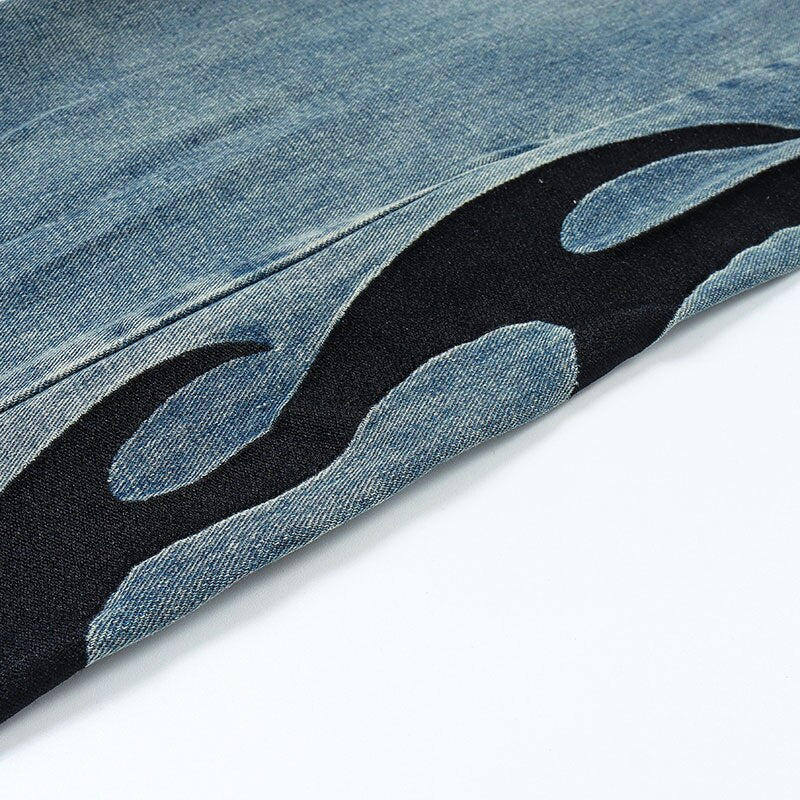 HTH Flame Embroidery Blue Denim Pants ,  - Streetwear Pants - Slick Street