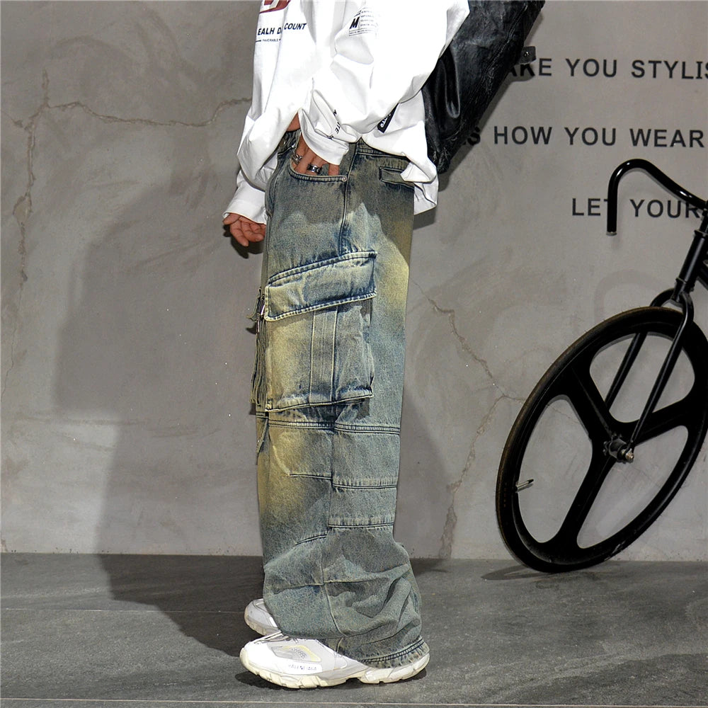 Distressed Denim Cargo Pants , - Streetwear - Slick Street