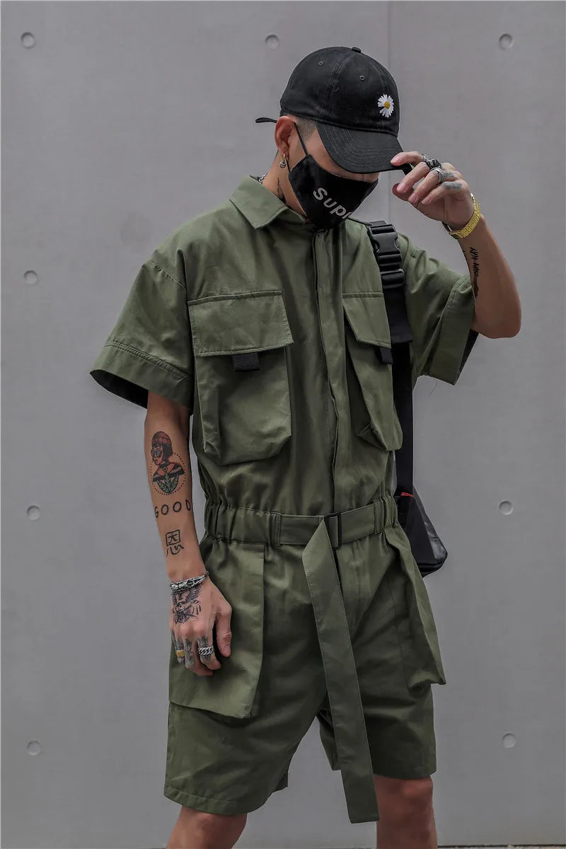 One Piece Tie Waist Belt Jumpsuit Green, XS - Streetwear Jumpsuit - Slick Street