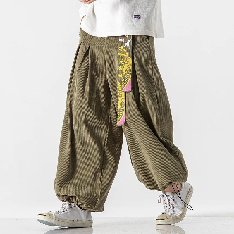 Corduroy Embroidered Baggy Style Pants , - Streetwear Pants - Slick Street