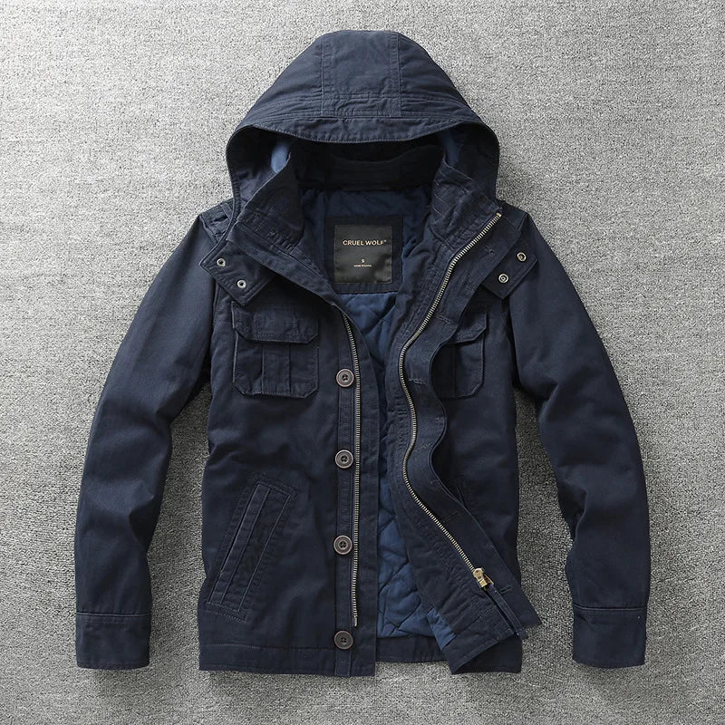 Hooded AR25 Denim Army Jacket Navy Blue, XS - Streetwear Jacket - Slick Street