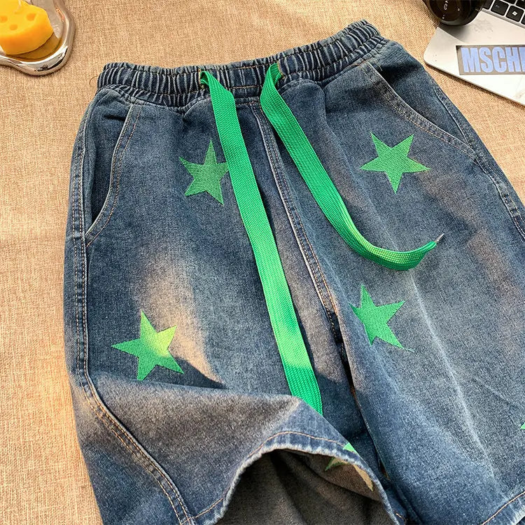 Five-point Star Patchwork Elastic Waist Shorts ,  - Streetwear Shorts - Slick Street