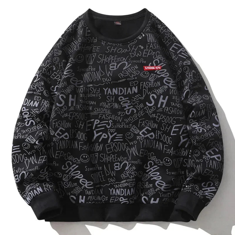 Letter Printing O-Neck Sweater Black, XS - Streetwear Sweater - Slick Street