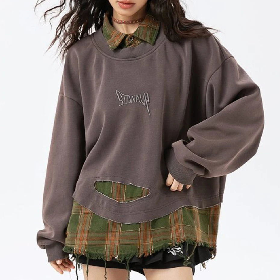 False Two Pieces Plaid Pullover Sweatshirt , - Streetwear Sweatshirt - Slick Street