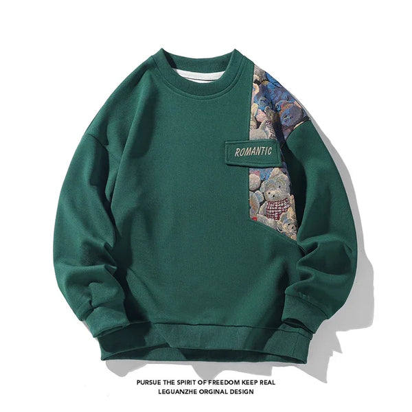 Romantic Bears Pattern Shoulder Patchwork Sweater Green, L - Streetwear Sweater - Slick Street