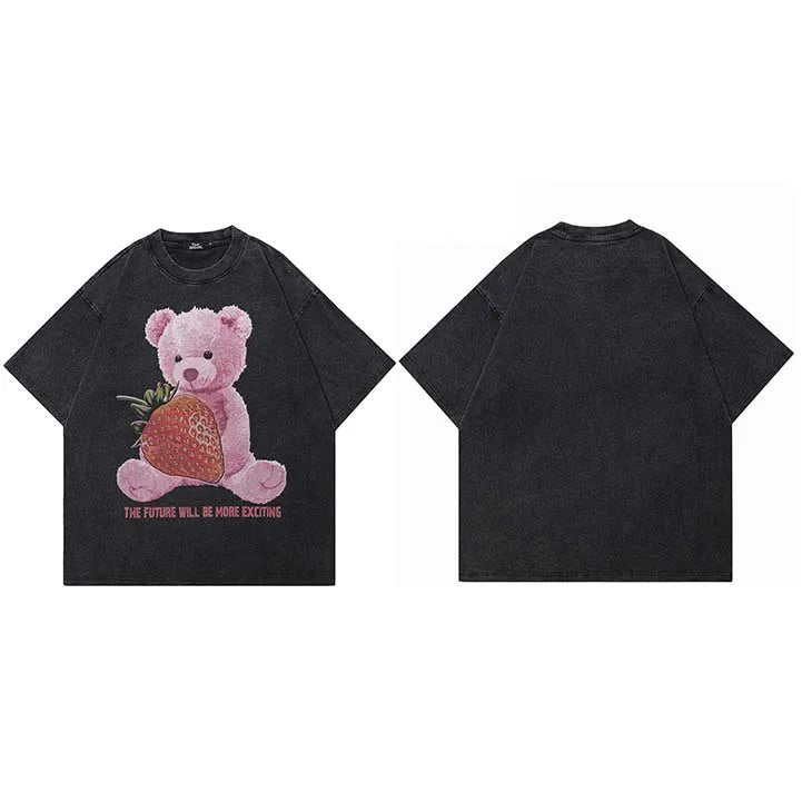 Coal Black Strawberry Stuffed Bear Visual T-Shirt Black, L - Streetwear T-Shirt - Slick Street