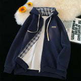 Plain Color Zip-up Loose Hoodie Navy Blue, XXS - Streetwear Hoodie - Slick Street