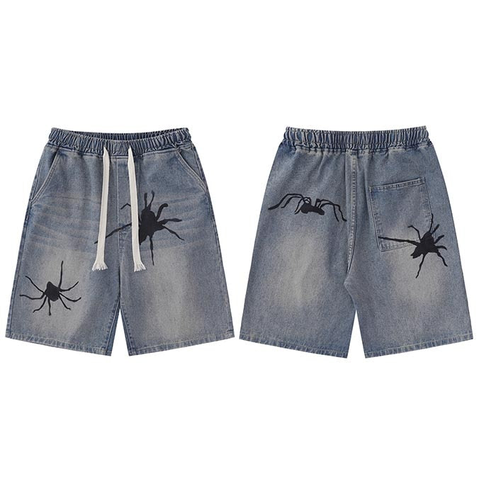 Tarantula Spider Graphic Denim Shorts Blue, M - Streetwear Shorts - Slick Street
