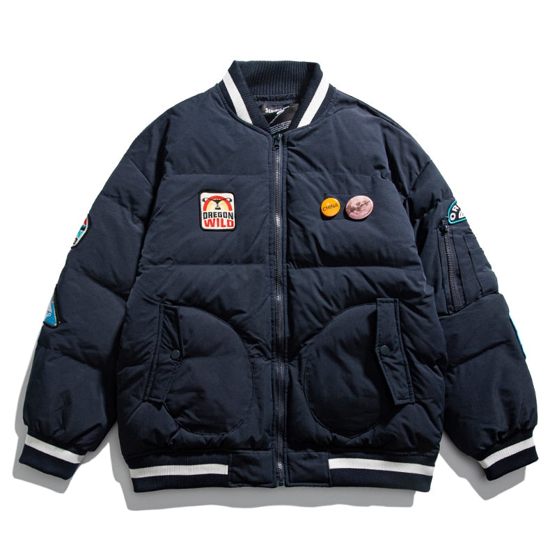OREGON WILD Rock Patches Bomber Jacket Navy blue, XS - Streetwear Jacket - Slick Street