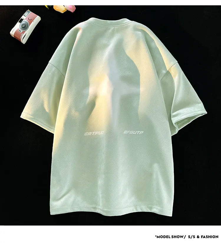 Letter R Foaming Embroidery Loose T-Shirt Green, XS - Streetwear T-Shirts - Slick Street