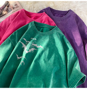 Flying Bat Graphic Gothic Washed Corduroy T-Shirt ,  - Streetwear T-Shirt - Slick Street