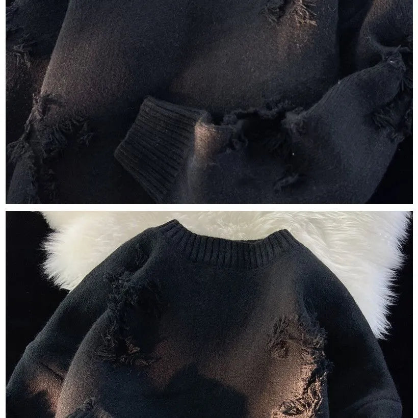 Ripped Y2K Two Shaded Cross Fringed Sweater ,  - Streetwear Sweater - Slick Street