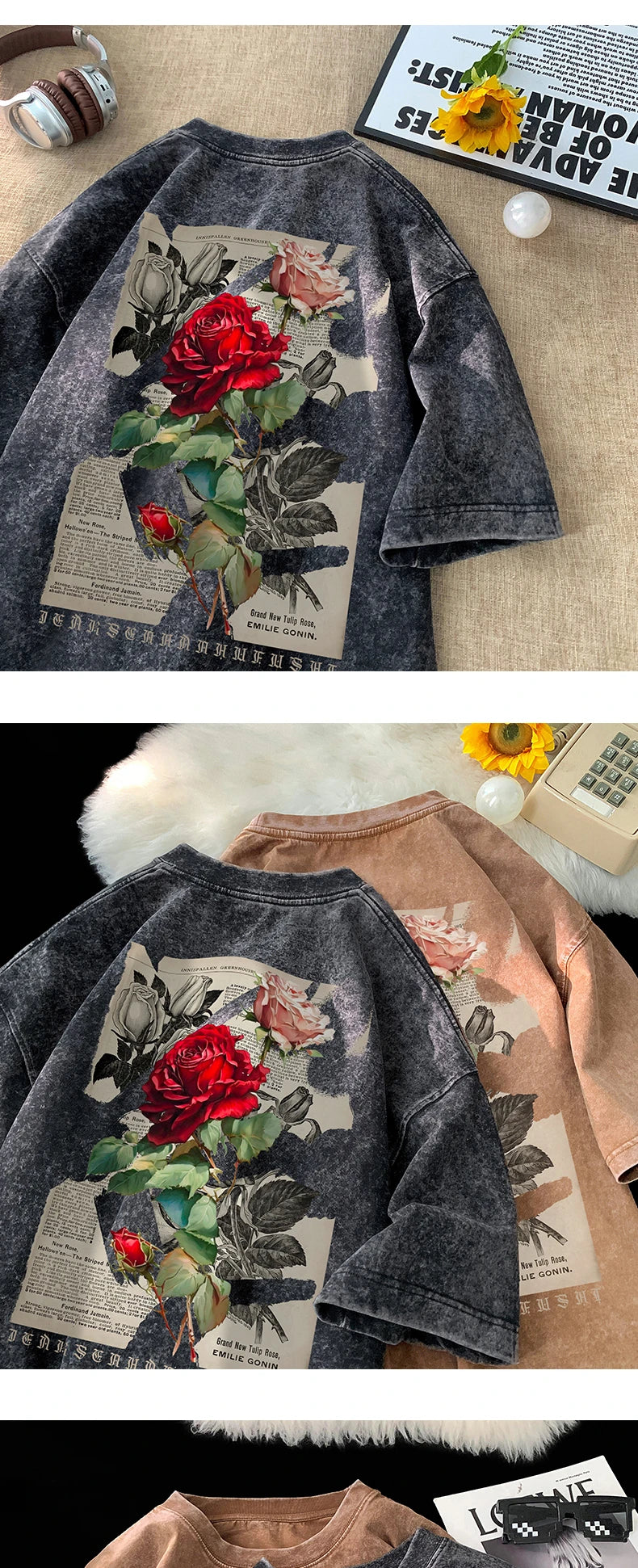 Bloom Rose Gothic Washed T-Shirt , - Streetwear T-Shirts - Slick Street