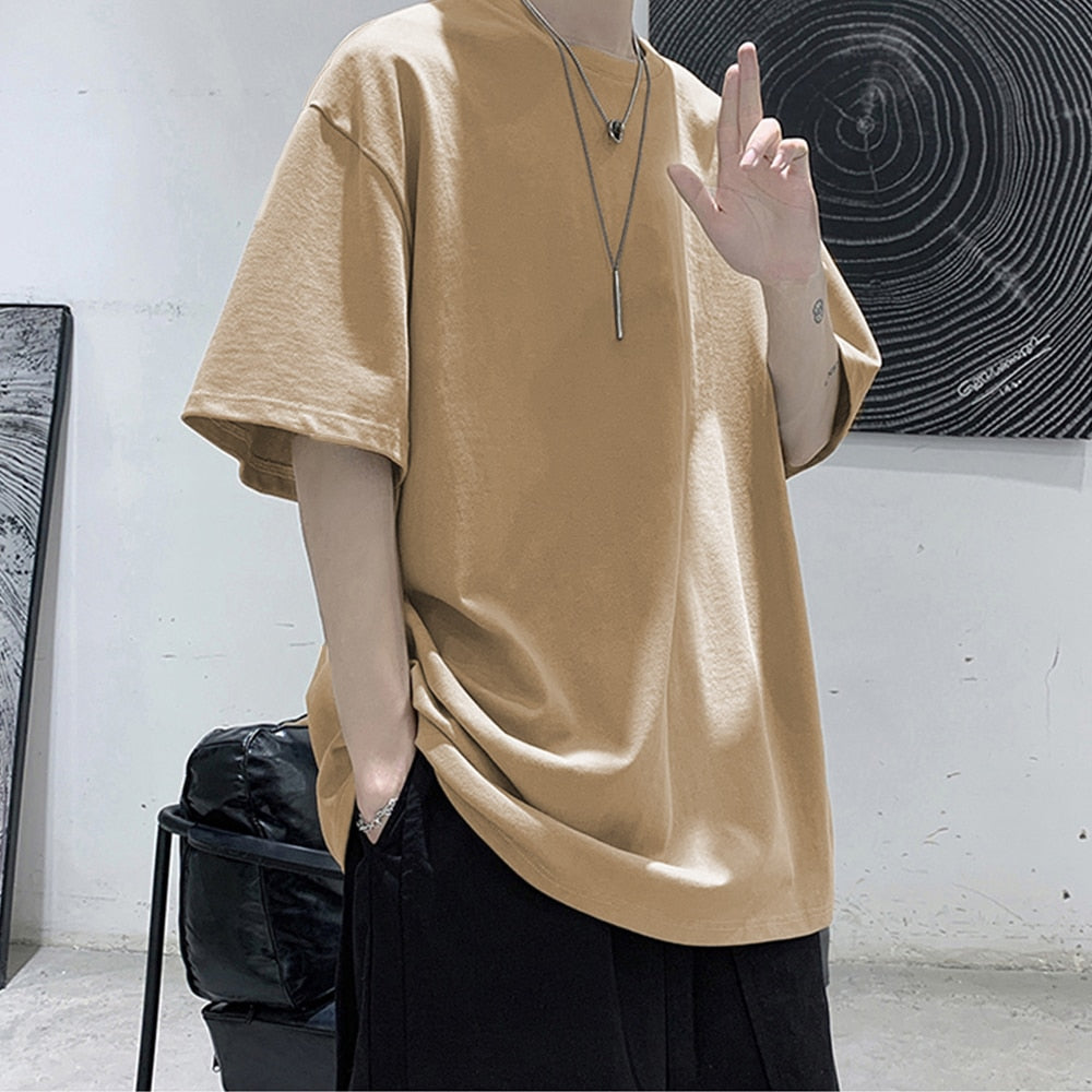 Loose Round Neck Plain T-Shirt Khaki, S - Streetwear T-Shirts - Slick Street