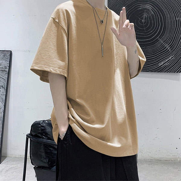 Loose Round Neck Plain T-shirt Khaki, S - Streetwear T-Shirt - Slick Street