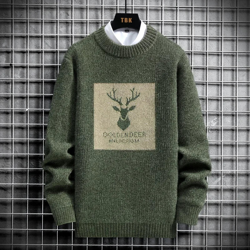 Deer Padded Velvet Pullover Sweater Army Green, XL - Streetwear Sweater - Slick Street