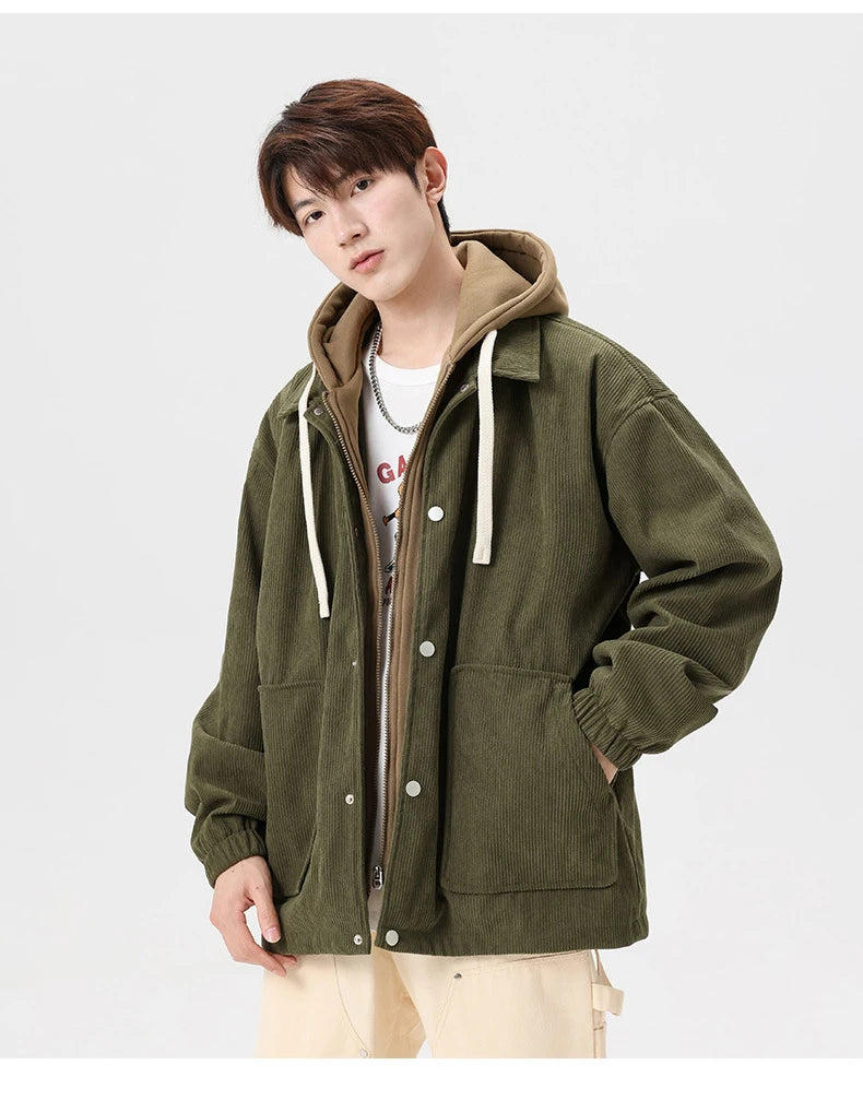 Corduroy Two Shade Elastic Waist And Sleeve Hoodie ,  - Streetwear Hoodie - Slick Street