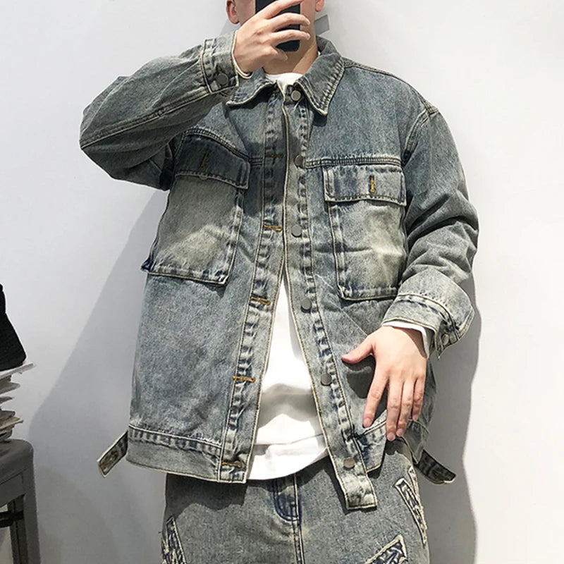 Tied Die Lapel Button Up Jean Jacket ,  - Streetwear Pants - Slick Street